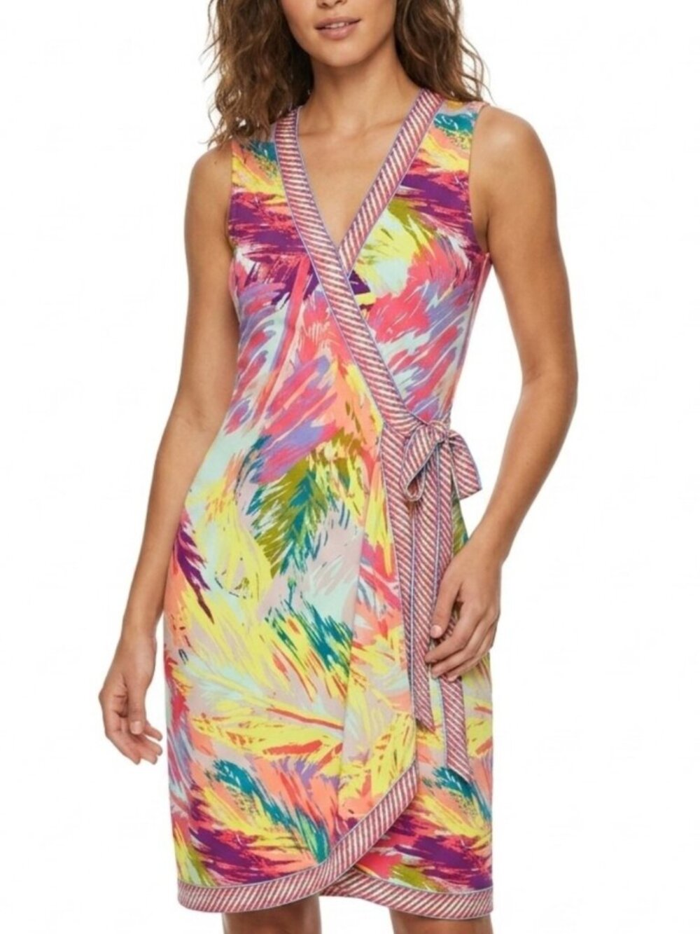 BCBGMAXAZRIA Dress Womens XXS Multicolor Abstract Print Sleeveless Wrap Tie Belt